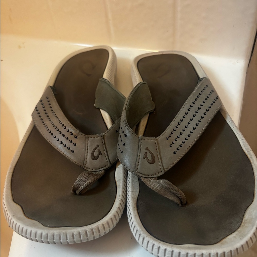 OluKai Taupe Flip Flops with Perforated Straps